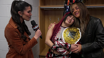 Dakota Kai celebrates IYO SKY winning the Women's World Championship following WWE RAW March 3, 2025